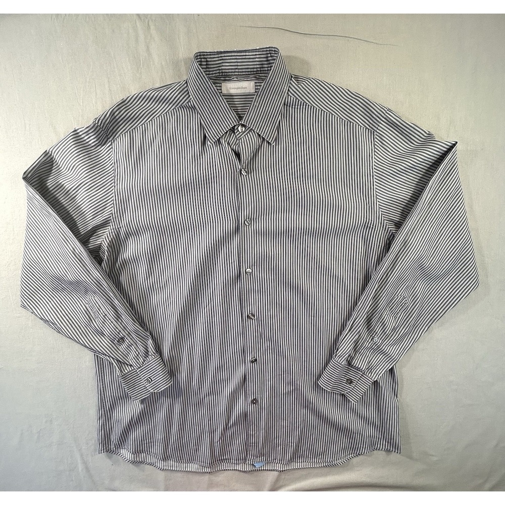 Ermenegildo‎ Zegna Button Down Long Sleeve Gray/Navy Striped Shirt Men's XXL
